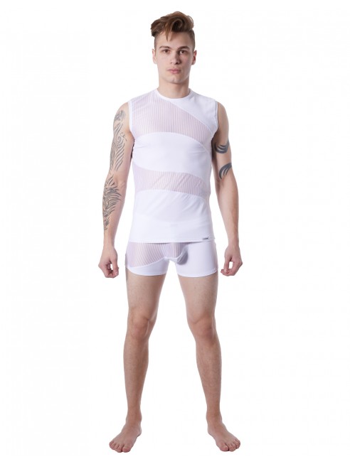 Fournisseur lingerie LookMe homme T-shirt débardeur blanc col rond opaque et transparent avec fines rayures