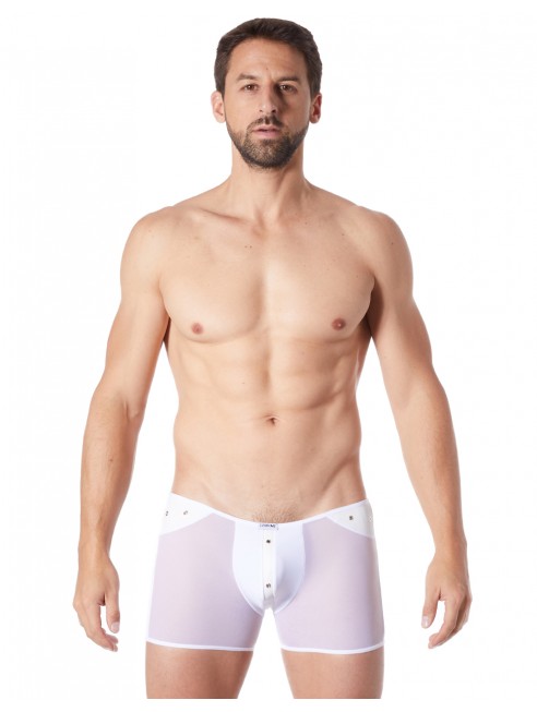 Fournisseur lingerie homme dropshipping Boxer blanc sexy maille transparente et bande style cuir