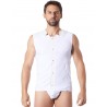 Grossiste lingerie homme V-shirt débardeur blanc satiné avec bandes style cuir et dos avec transparence