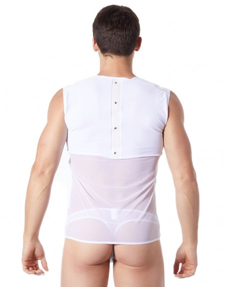 Grossiste lingerie homme V-shirt débardeur blanc satiné avec bandes style cuir et dos avec transparence