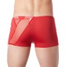 Fourniseur lingerie homme dropshipping Boxer rouge sexy avec bandes fine résille et déco zippée
