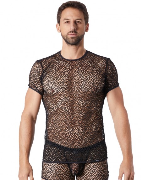 Fournisseur Look Me lingerie masculine T-shirt noir sexy filet irrégulier fétichiste