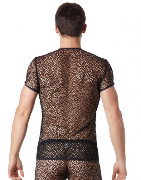 Fournisseur Look Me lingerie masculine T-shirt noir sexy filet irrégulier fétichiste
