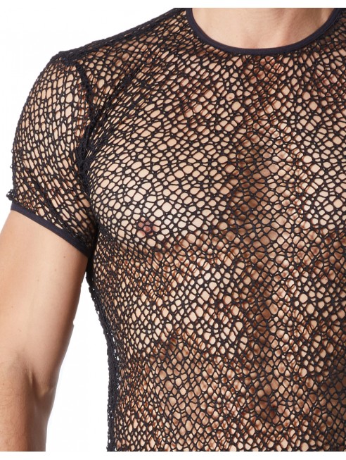 Fournisseur Look Me lingerie masculine T-shirt noir sexy filet irrégulier fétichiste