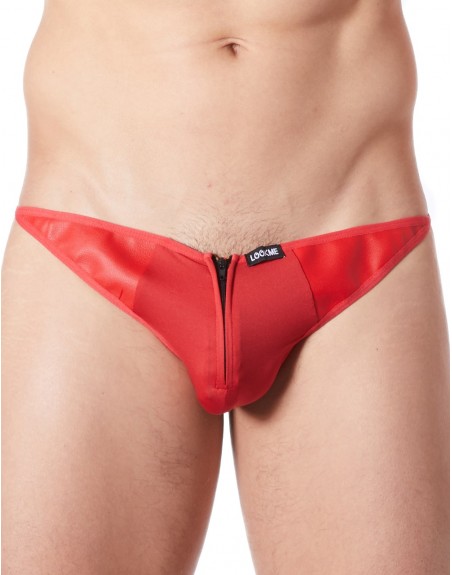 Distributeur lingerie homme LookMe String rouge sexy avec fermeture éclair et côtés style cuir