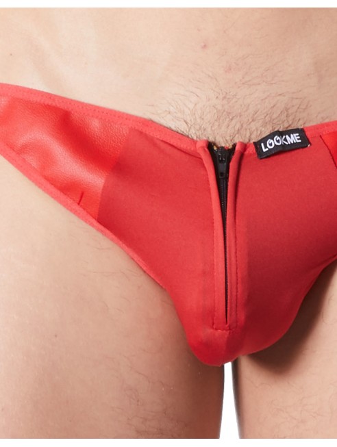 Distributeur lingerie homme LookMe String rouge sexy avec fermeture éclair et côtés style cuir