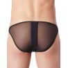 Fournisseur lingerie homme Slip brief noir sexy avec fermeture éclair et côtés style cuir dos transparent
