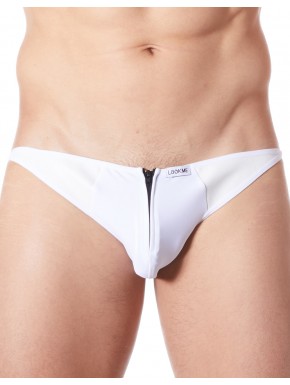 Fournisseur lingerie masculine dropshipping Slip brief blanc sexy avec fermeture éclair et côtés style cuir dos transparent