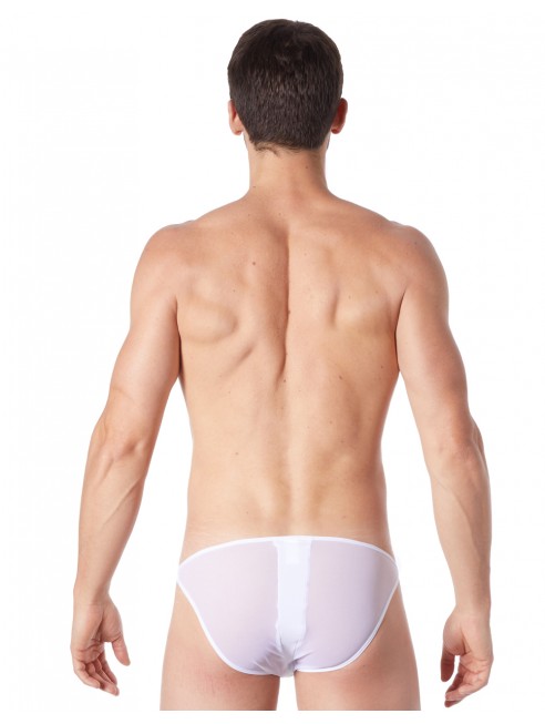 Fournisseur lingerie masculine dropshipping Slip brief blanc sexy avec fermeture éclair et côtés style cuir dos transparent