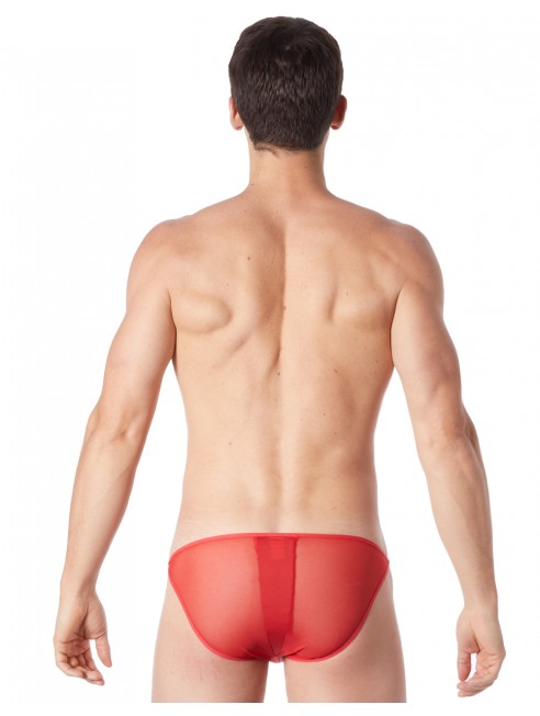 Fournisseur sous vetement masculin Slip brief rouge sexy avec fermeture éclair et côtés style cuir dos transparent