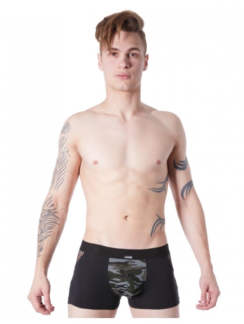 Fournisseur lingerie homme Boxer noir sexy large armée déco camouflage côtés résille filet