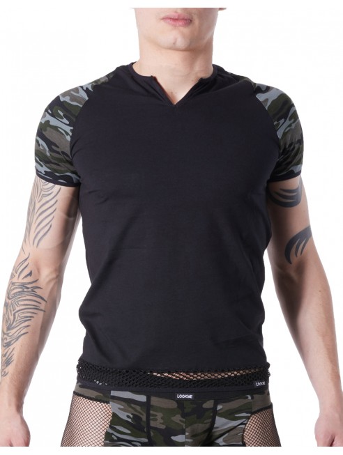 Grossiste sous-vêtement homme T-shirt noir sexy armée déco camouflage sur les manches et col rond ouvert