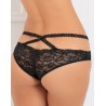 Fournisseur lingerie dropshipping Tanga noir en dentelle avec ornements croisés avant arrière