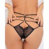 Fournisseur lingerie dropshipping Tanga noir ouvert à l'entre-jambes ornements croisés et dentelle