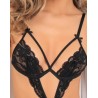 Fournisseur lingerie dropshipping Body string noir ouvert à l'entre-jambes dentelle et ornements