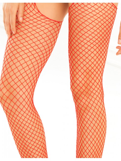 Fournisseur lingerie René Rofé Bodystocking rouge filet ouvert devant et derrière