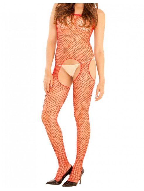 Grossiste lingerie René Rofé Bodystocking rouge filet ouvert devant et derrière