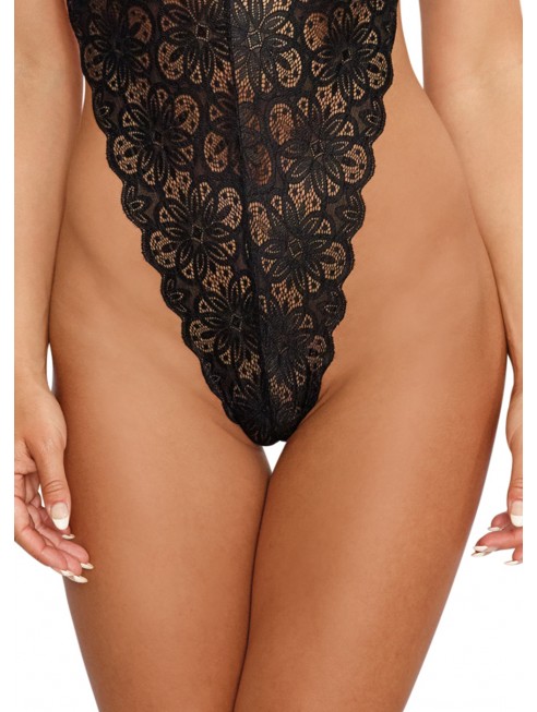 Grossiste lingerie sexy Body string noir échancré dentelle avec jupe de maille transparente amovible