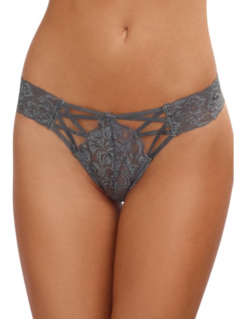 Grossiste dropshipping lingerie Tanga gris dentelle sexy ajouré sur l'avant