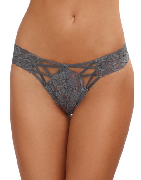 Grossiste dropshipping lingerie Tanga gris dentelle sexy ajouré sur l'avant