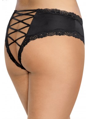 Grossiste lingerie Tanga grande taille noir satiné bordures dentelle ajouré sur les fesses
