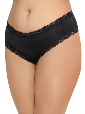 Tanga grande taille noir satiné bordures dentelle ajouré sur les fesses - DG1434XBLK