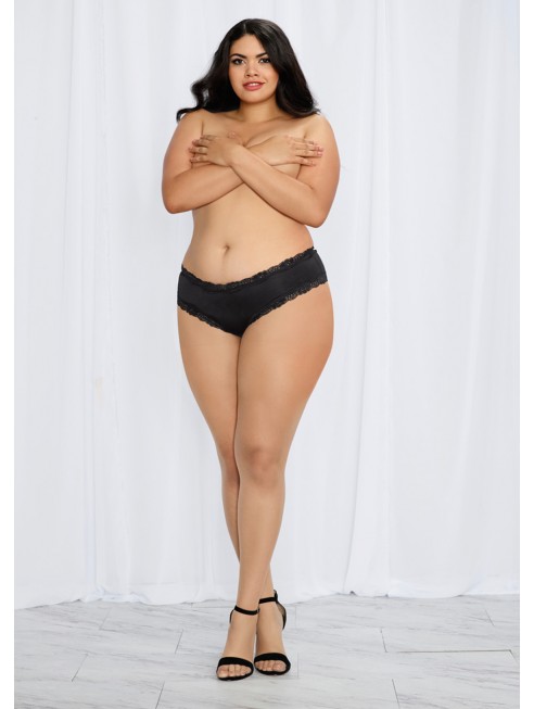 Grossiste lingerie Tanga grande taille noir satiné bordures dentelle ajouré sur les fesses