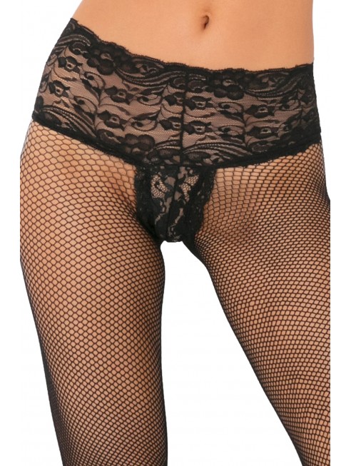 Vente en gros Collant noir résille effet string brésilien dentelle florale et coutures arrières