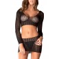 Ensemble noir top court manches longues et mini-jupe ajourés - REN7013-BLK Ensemble noir top court manches longues et mini-jupe ajourés - REN7013-BLK