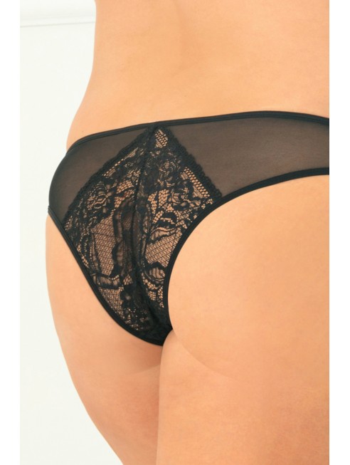 Grossiste lingerie sexy Tanga ouvert noir grande taille avec pièces dentelle sur les fesses