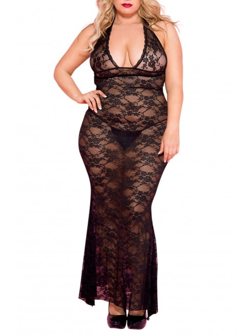 Grossiste lingerie grande taille Nuisette femme ronde longue noire décolletée dentelle florale