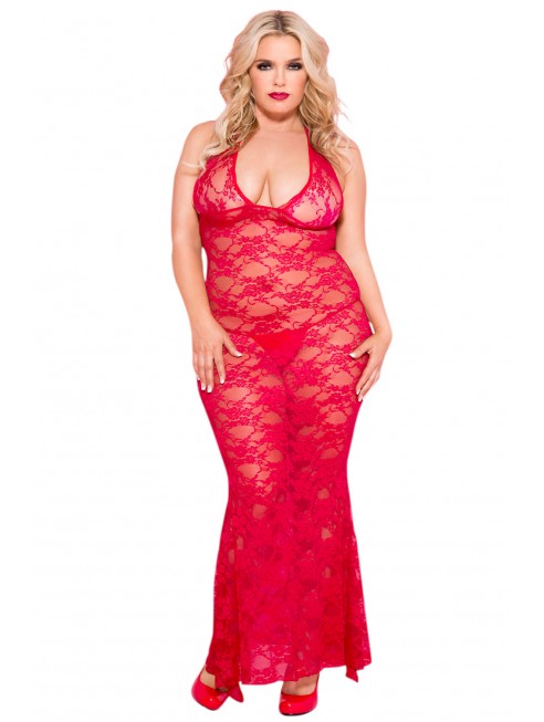 Fournisseur lingerie dropshipping Nuisette grande taille longue rouge décolletée dentelle florale