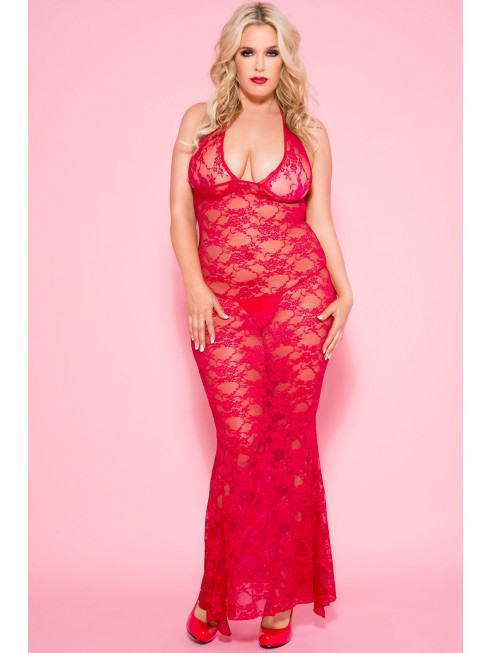 Fournisseur lingerie dropshipping Nuisette grande taille longue rouge décolletée dentelle florale