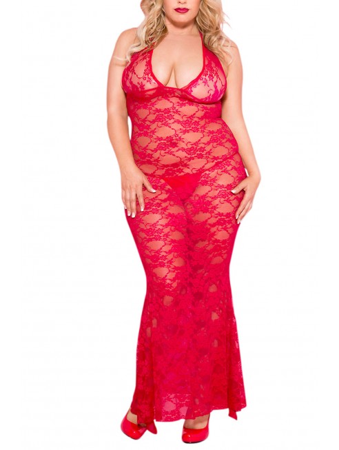 Fournisseur lingerie dropshipping Nuisette grande taille longue rouge décolletée dentelle florale
