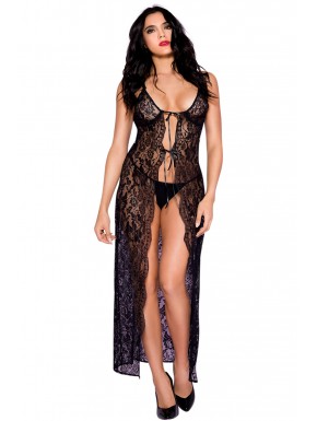 Fournisseur dropshipping Nuisette déshabillée longue noire ouverte dentelle florale et string