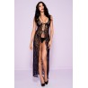 Fournisseur dropshipping Nuisette déshabillée longue noire ouverte dentelle florale et string
