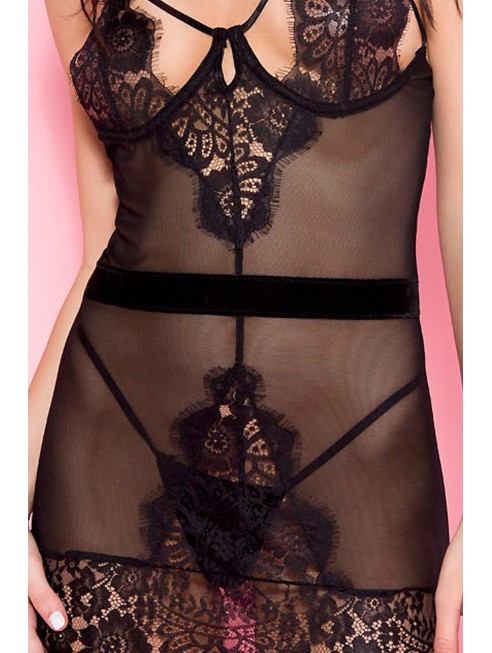 Vente en gros lingerie Nuisette noire tulle dentelle poitrine dénudée ornements