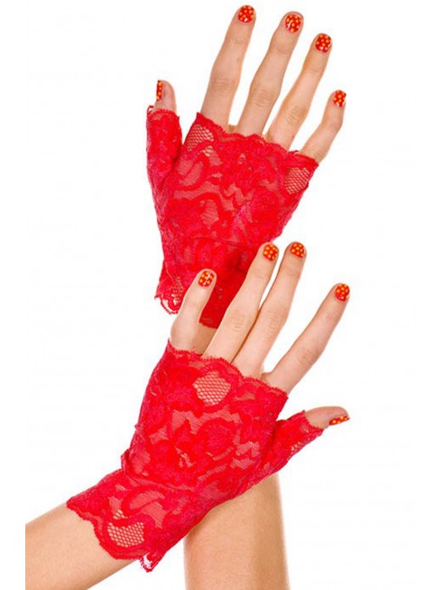 Gants rouges doigts ouverts dentelle florale