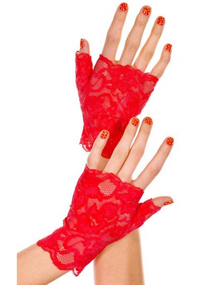 Gants rouges doigts ouverts dentelle florale