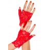 Gants rouges doigts ouverts dentelle florale