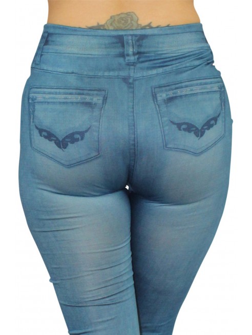 Fournisseur dropshipping Legging bleu style jean moulant avec impressions sur poches