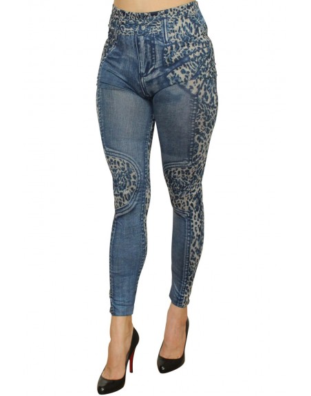 Grossiste dropshipping Legging bleu effet jean délavé imprimé léopard