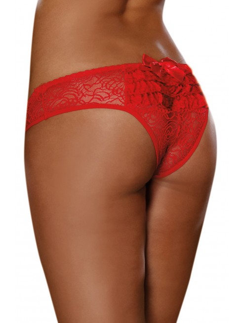 Grossiste dropshipping Tanga ouvert rouge dentelle avec noeud sur les fesses