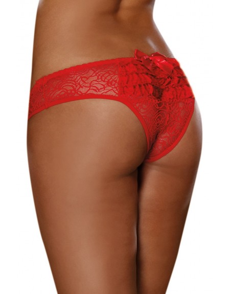 Grossiste dropshipping Tanga ouvert rouge dentelle avec noeud sur les fesses