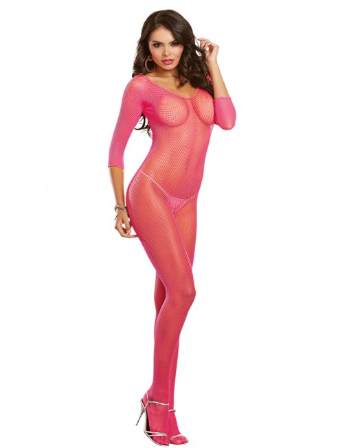 Grossiste Dreamgirl Bodystocking rose fluo résille ouvert à l'entre-jambes