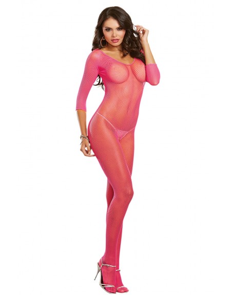 Grossiste Dreamgirl Bodystocking rose fluo résille ouvert à l'entre-jambes