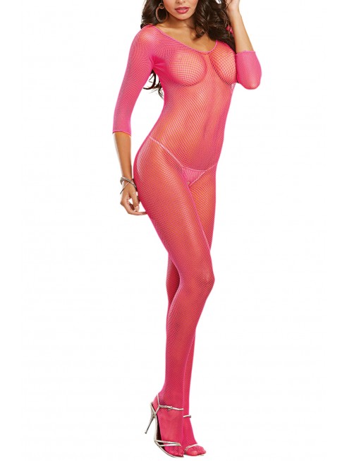 Grossiste Dreamgirl Bodystocking rose fluo résille ouvert à l'entre-jambes