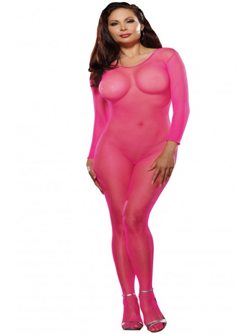 Distributeur dreamgirl Bodystocking rose fluo résille grande taille ouvert à l'entre-jambes