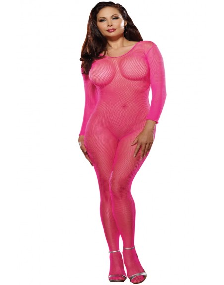 Distributeur dreamgirl Bodystocking rose fluo résille grande taille ouvert à l'entre-jambes