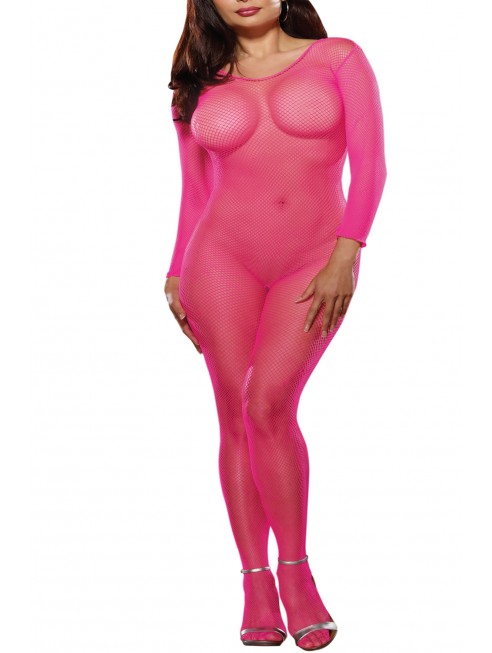 Distributeur dreamgirl Bodystocking rose fluo résille grande taille ouvert à l'entre-jambes